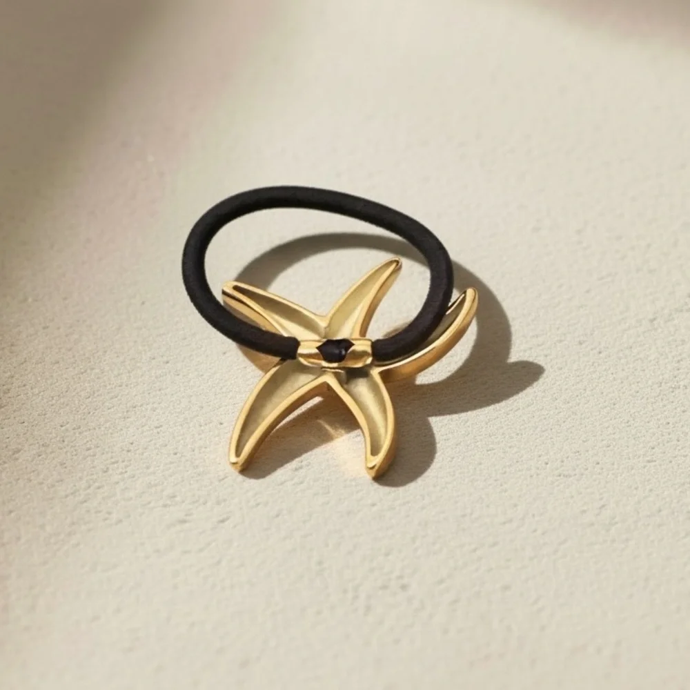 18K Gold Plated Glossy Starfish Ponytail Cuff Sleek Minimalist HairTie Accessory